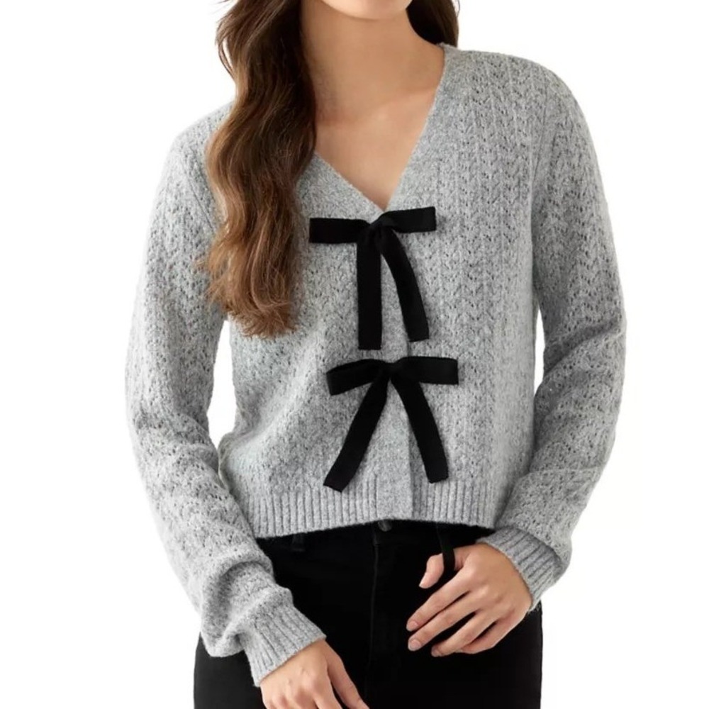 Oak & Trellis Front Bow Tie Sweater XL Gray Coquette Balletcore Pointelle Soft